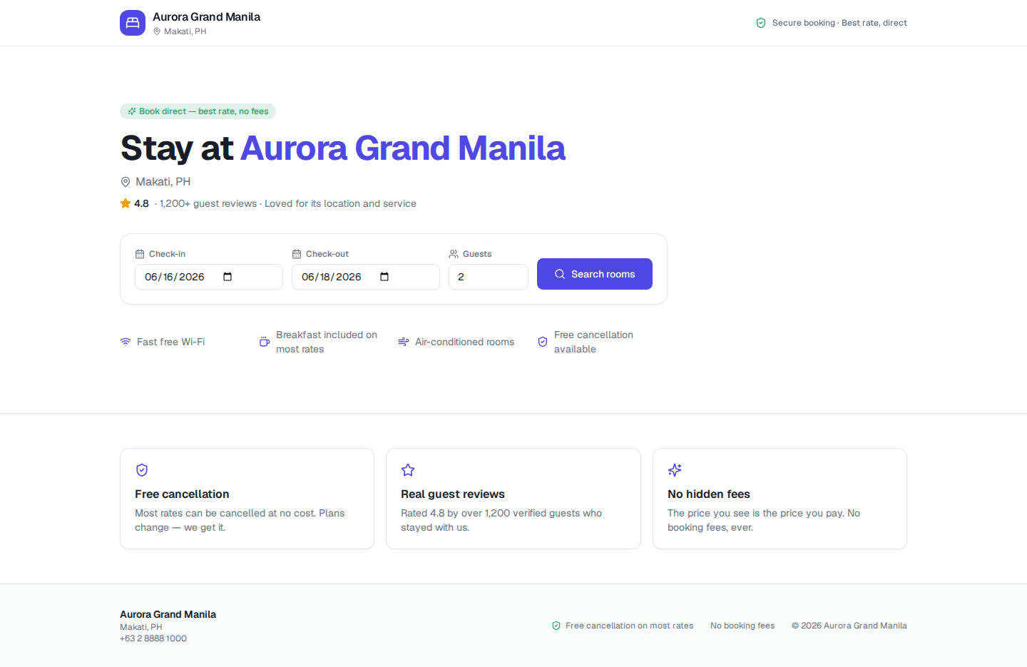 The Aurora direct booking site for Aurora Grand Manila, with a Book-direct headline, guest rating, a check-in / check-out / guests search box, and trust badges for free cancellation, real reviews and no hidden fees.