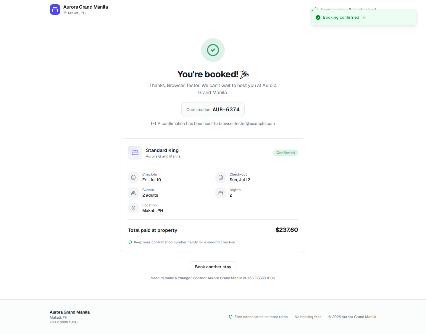 The Aurora booking confirmation screen reading “You're booked!” with a confirmation number, the Standard King room marked Confirmed, check-in and check-out dates, number of nights and the total paid at the property.