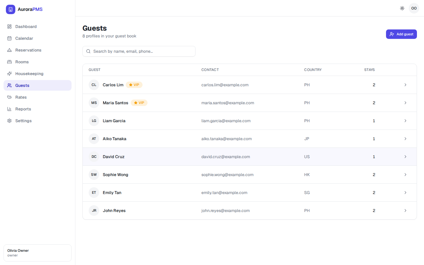 The Aurora Guests directory listing eight profiles in a table with avatar initials, name, VIP badges, email, country and number of stays, plus a search box and an Add guest button.